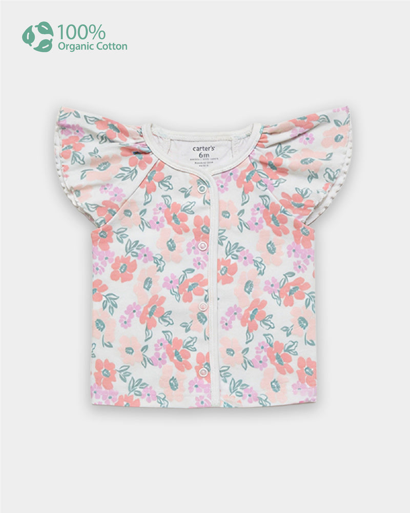 Baby Girl Organic Cotton Front Open T-Shirt In Floral Print