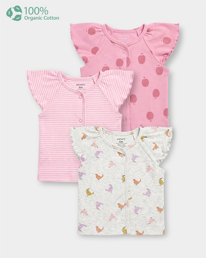 Baby Girl 3-Pack Organic Cotton Front Open T-Shirt In Assorted Prints