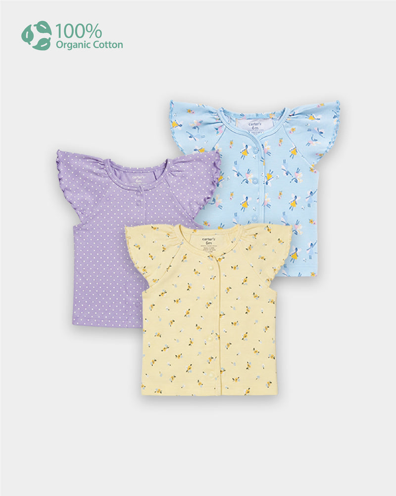Baby Girl 3-Pack Organic Cotton Front Open T-Shirt In Assorted Prints