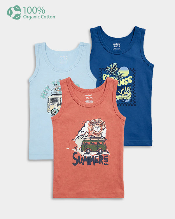 Toddler Boy 3- Pack Organic Cotton Vest In Assorted Prints with Anti Microbial Finish