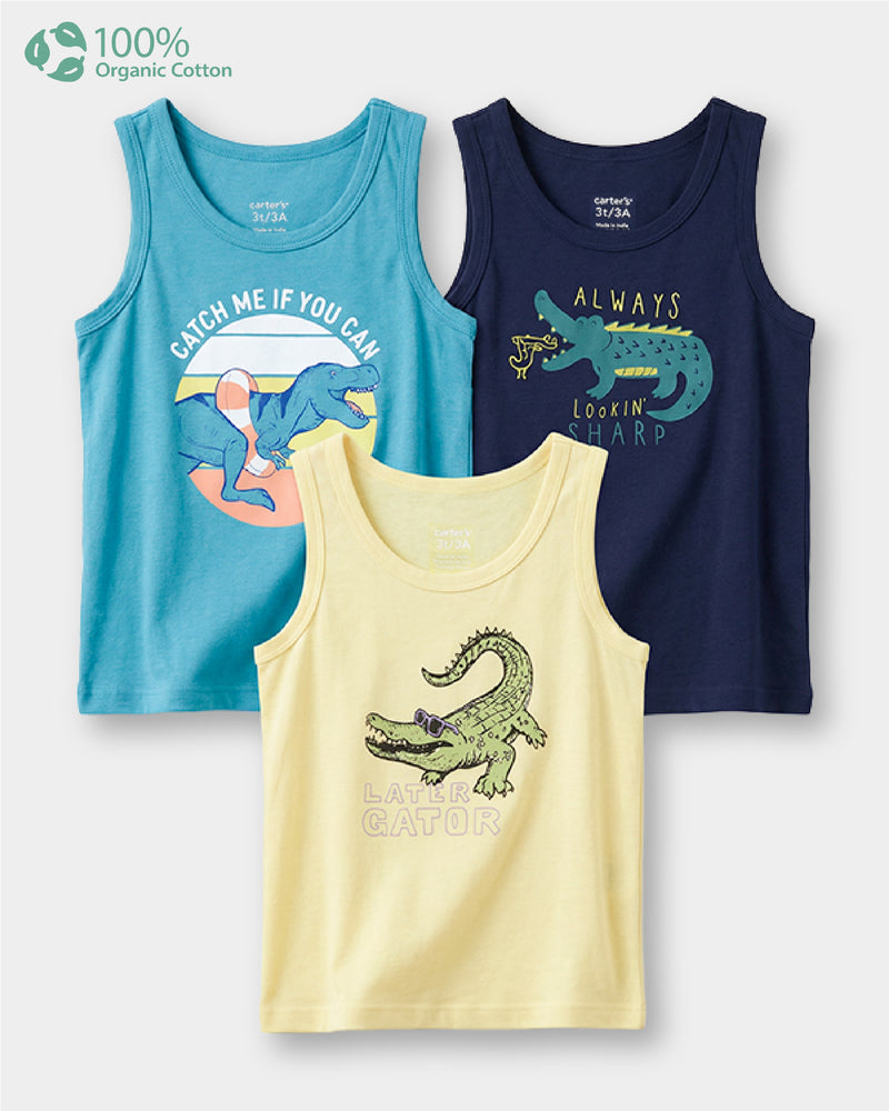 Toddler Boy 3- Pack Organic Cotton Vest In Assorted Prints with Anti Microbial Finish