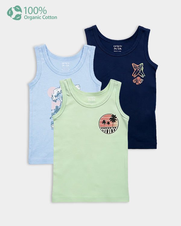 Toddler Boy 3- Pack Organic Cotton Vest In Assorted Prints with Anti Microbial Finish