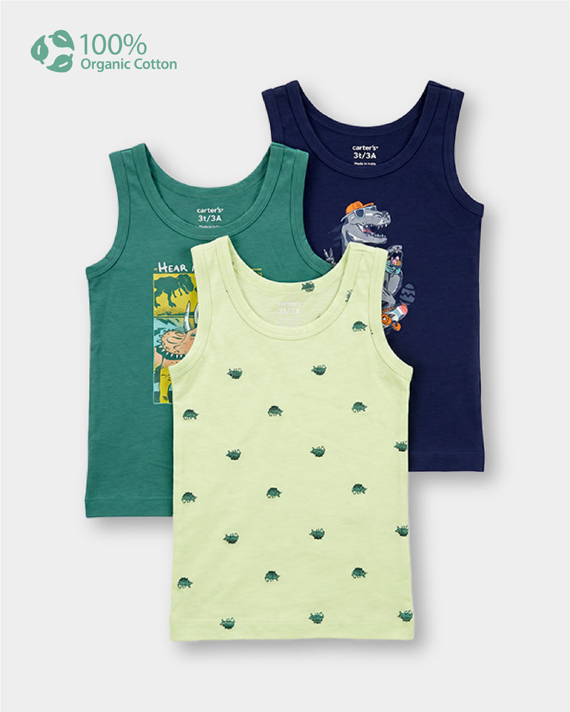 Toddler Boy 3- Pack Organic Cotton Vest In Assorted Prints with Anti Microbial Finish