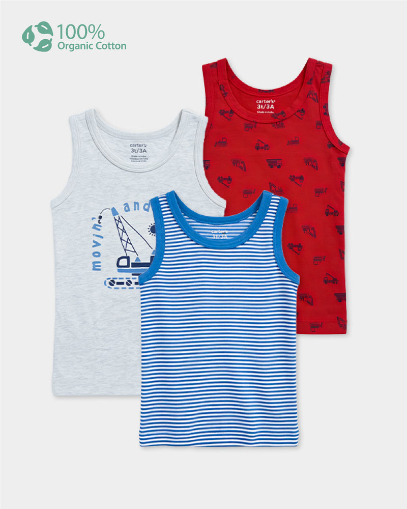 Toddler Boy 3- Pack Organic Cotton Vest In Assorted Prints with Anti Microbial Finish