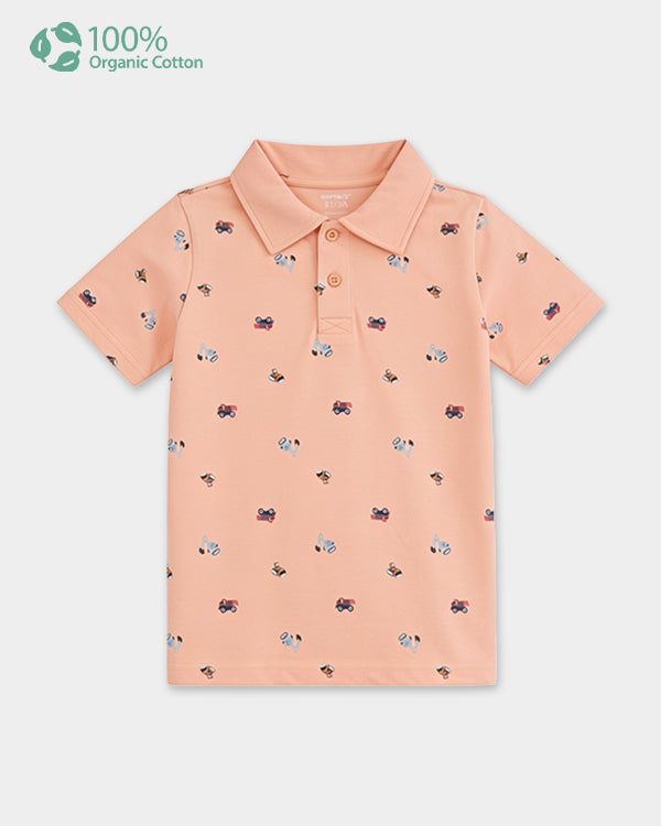 Toddler Boy Organic Cotton Polo T-Shirt In Transport Print