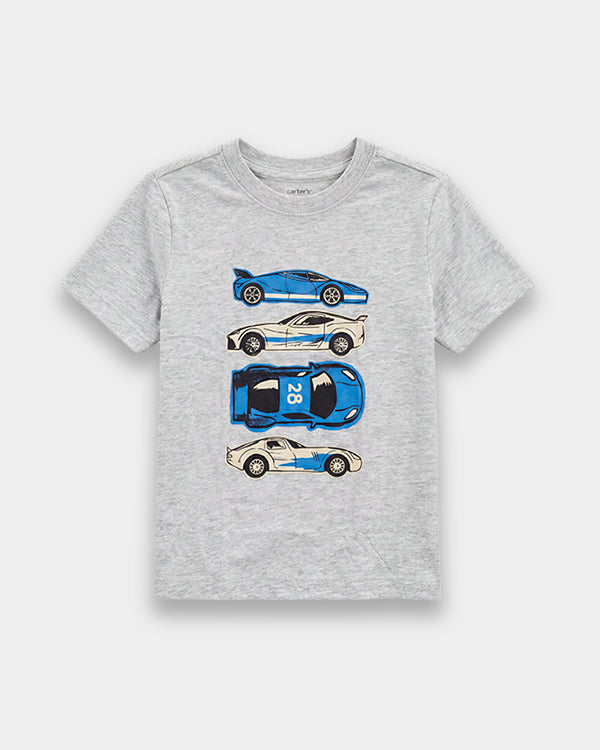 Toddler Boy Organic Cotton Crew Neck T-Shirt With Car Print