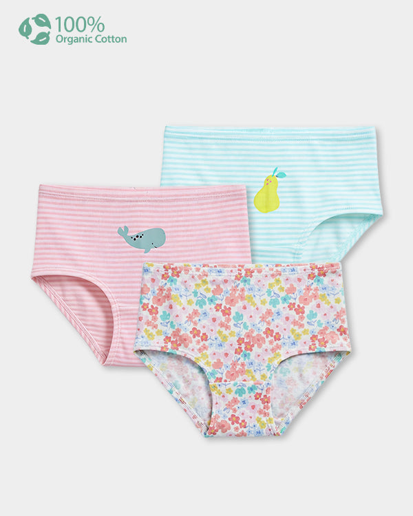 Toddler Girl 3-Pack Organic Cotton Brief In Assorted Prints with Anti Microbial Finish