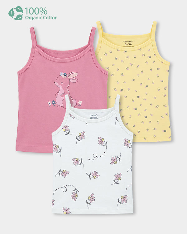 Toddler Girl 3-Pack Organic Cotton Camisoles In Assorted Prints with Anti Microbial Finish