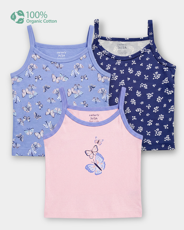 Toddler Girl 3-Pack Organic Cotton Camisoles In Assorted Prints with Anti Microbial Finish