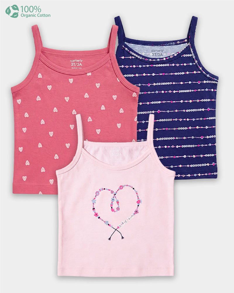 Toddler Girl 3-Pack Organic Cotton Camisoles In Assorted Prints with Anti Microbial Finish