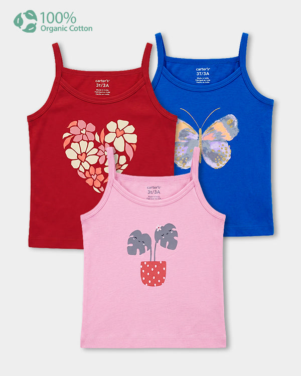 Toddler Girl 3-Pack Organic Cotton Camisoles In Assorted Prints with Anti Microbial Finish