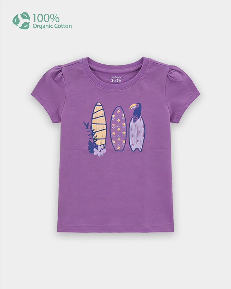 Toddler Girl Organic Cotton Crew Neck T-Shirt With Beach Print
