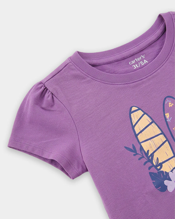 Toddler Girl Organic Cotton Crew Neck T-Shirt With Beach Print