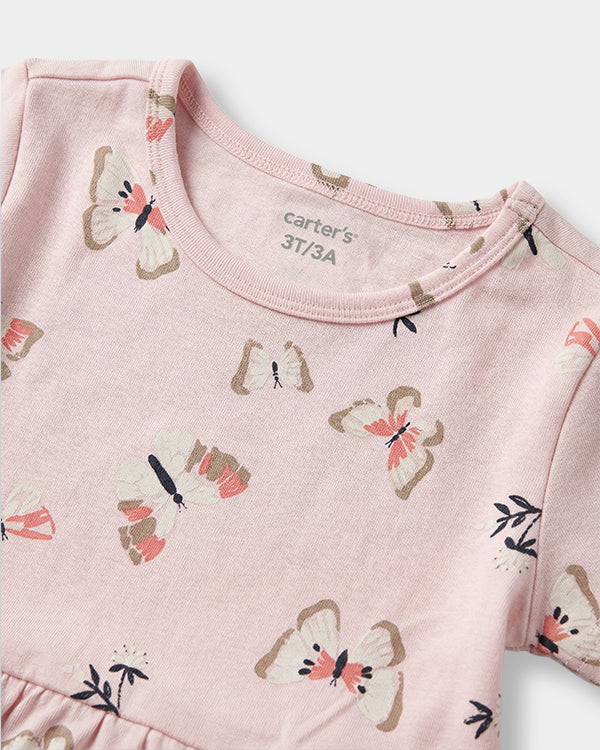 Toddler Girl Organic Cotton Knitted Dress In Butterfly Print